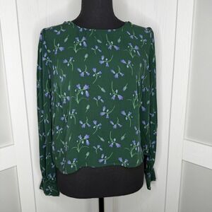 ModCloth x Collectif Blouse Womens 6 Green Floral Tie Back Long Sleeve Top
